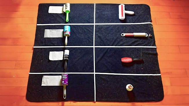 Testing image of lint rollers on a blanket with pet fur