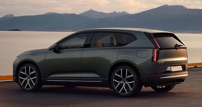 2027 Volvo EX60 EV rear at sunset