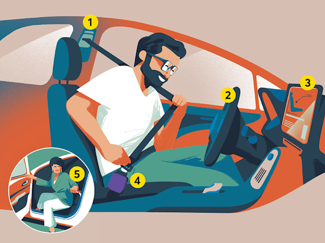 Illustration of a man in a car buckling his seatbelt with an inset of a woman stepping out of a car.