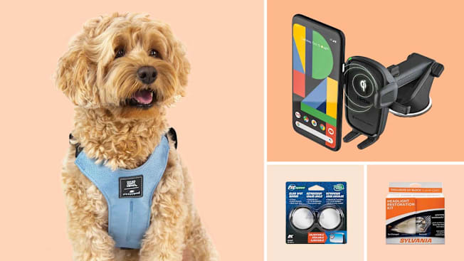 A collage of products including a dog harness, a smartphone in a mount, and car maintenance kits.