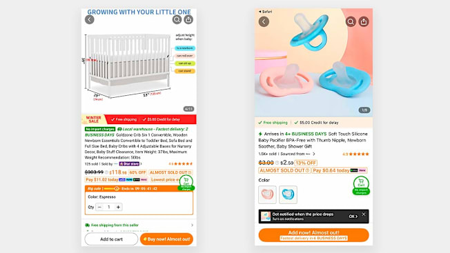 Screenshots from Temu showing a crib and pacifiers for sale.