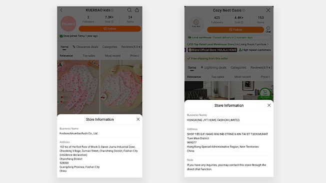 Screenshots from Temu showing Chinese business addresses for two different retailers.