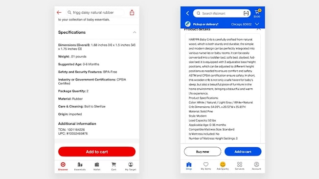 A screenshot from Target showing listing details for a pacifier and a screenshot from 
Walmart showing item details for a crib.