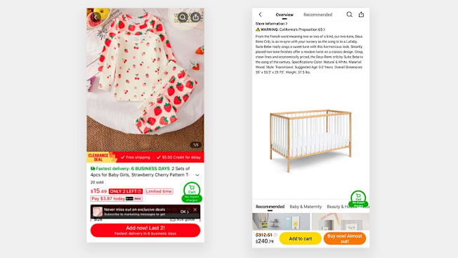 Left: two sets of strawberry and cherry patterned baby pajamas for sale on Temu. Right: a crib for sale on Temu