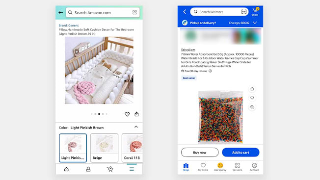 A screenshot from Amazon showing a braided crib bumper for sale and a screenshot from Walmart showing water beads for sale and marketed for children.
