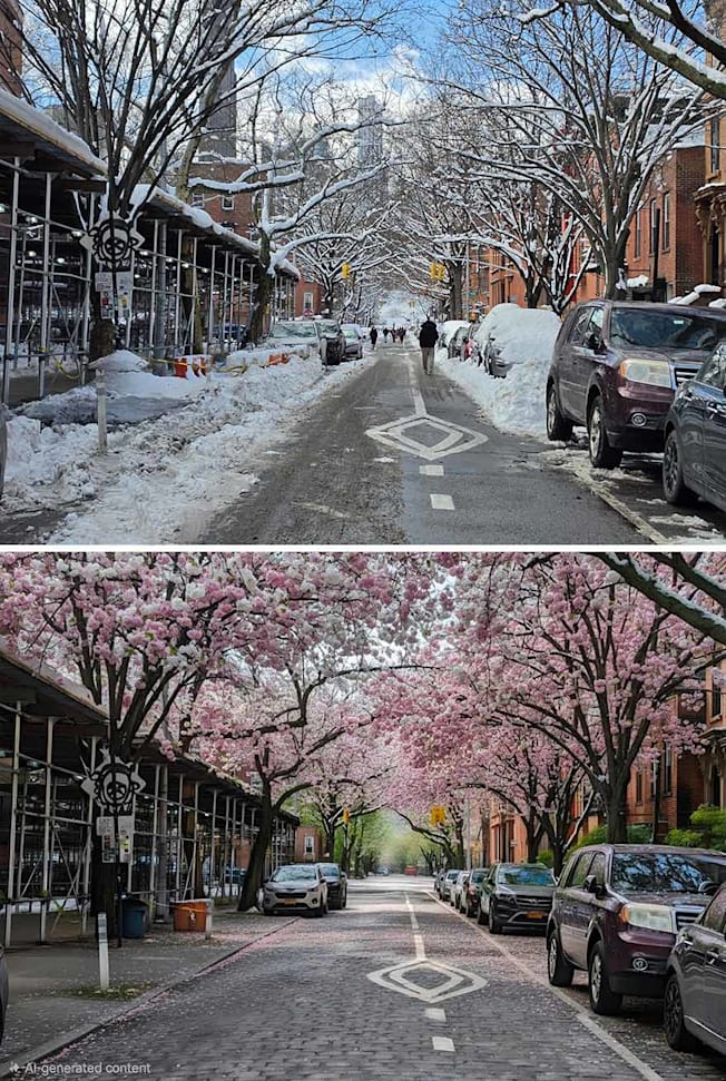 Two images stacked on top of each other: the top image shows a city street after a recent snowstorm. The bottom image shows the same scene but edited with AI to make it springtime with cherry blossom trees.