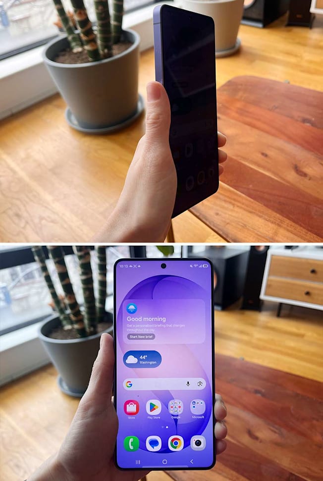 A hand holding the Samsung Galaxy S26 to display the thickness of the phone and a hand holding the phone displaying its home screen.