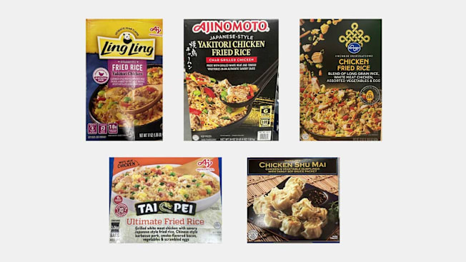 Ling Ling Fried Rice, Ajinomoto Yakitori Chicken Fried Rice, Kroger Chicken Fried Rice, Tai Pei Ultimate Fried Rice, and Trader Joe's Chicken Shu Mai