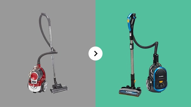 split image of Atrix VortexVR25BCV canister vacuum on grey background and Eureka WhirlWind XL NEN186BL canister vacuum on light green background