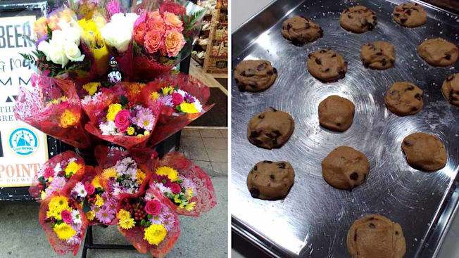 split image showing photos taken on Nokia 2780 flip phone, with image of flower bouquets on display rack on left side and cookie tough on cookie sheet on right side