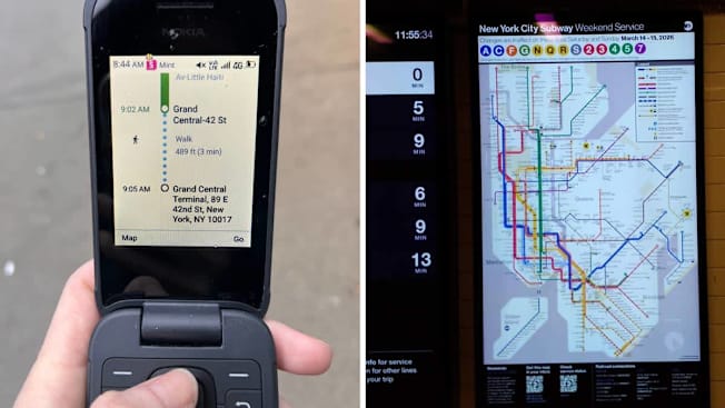 split image of navigation details on screen of Nokia 2780 flip phone on left side and photo of NYC subway map on right side