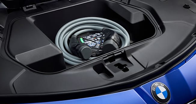 2027 BMW i3 electric sedan frunk with charging cord