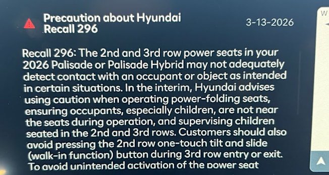 2026 Hyundai Palisade Calligraphy warning display on screen