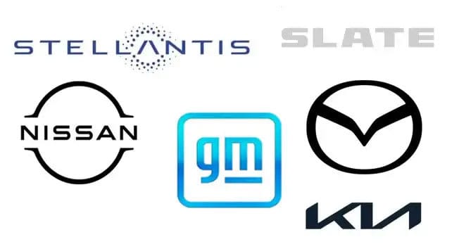 Logos for Stellantis, Slate, Nissan, GM, Mazda, and Kia