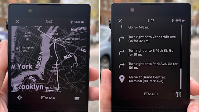 split image of hand holding Light Phone III with navigation map on left and navigation steps on right