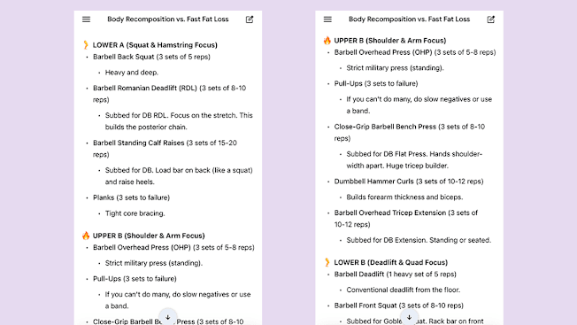 Two screenshots that show Gemini's recommendations for Nicholas's exercise regime.