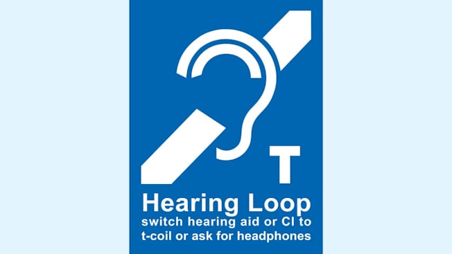 Hearing Loop sign, blue lower, that reads, “Hearing loop, switch hearing aid or cochlear implant to telecoil or ask for headphones”