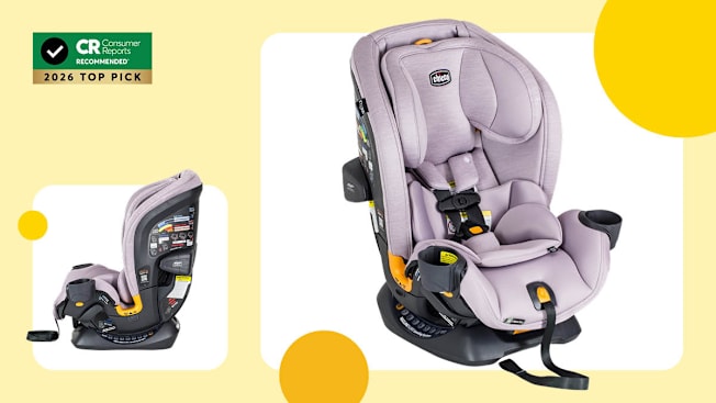Chicco Onefit LX All-in-One Car Seat with yellow border and 3 graphic circles, CR Recommended 2026 Top Pick icon in top left