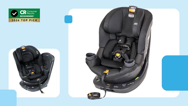 two views of the Chicco Fit360 Convertible Car Seat with light blue border and three blue graphic squares, CR Recommended 2026 Top Pick graphic in top left