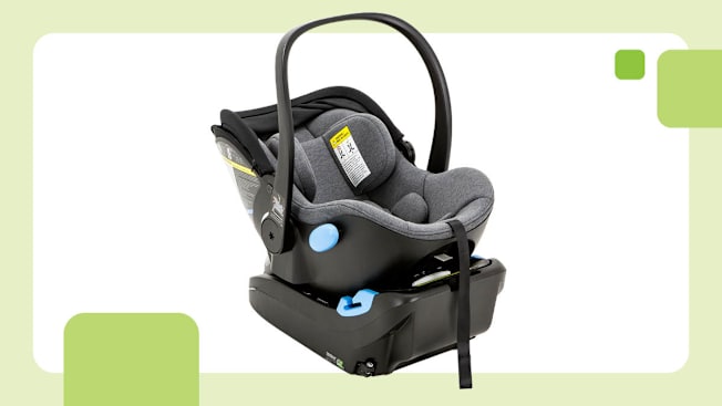 Clek Liing Infant Car Seat with light green border and three graphic blue squares