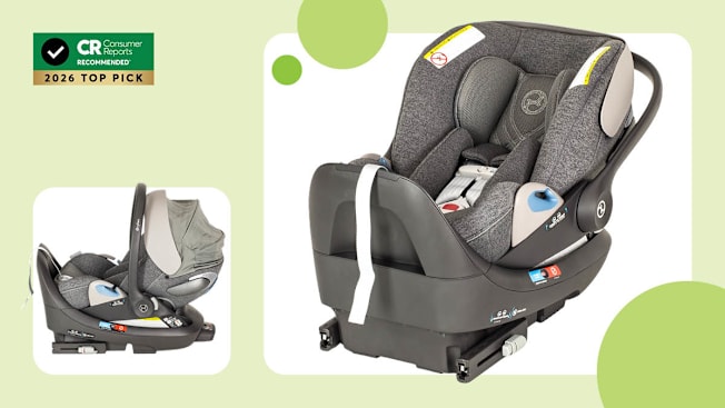 two views of the Cybex Cloud T Infant Car Seat with light green border and three graphic green circles, CR Recommended 2026 Top Pick graphic in top left corner