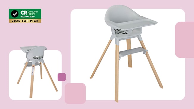 two views of Stokke Clikk High Chair on light purple background with three graphic purple squares, CR Recommended 2026 Top Pick graphic in top left corner