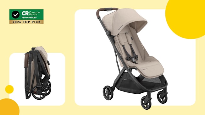 UPPAbaby Minu V3 Lightweight Stroller with yellow border and three graphic yellow circles, CR Recommended 2026 Top Pick graphic in top left corner