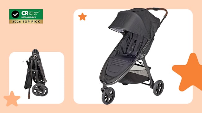 two views of Baby Jogger City Mini GT3 Traditional Stroller with light orange background and three graphic orange stars, CR Recommended 2026 Top Pick graphic in top left corner