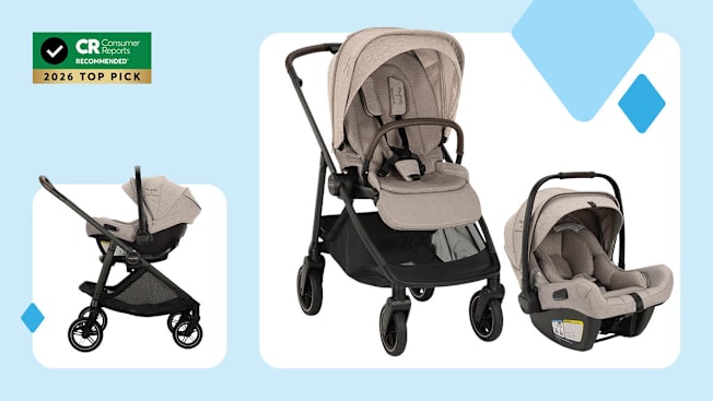 two views of Nuna Swiv + Pipa Aire RX with light blue background and three graphic blue diamonds, CR Recommended 2026 Top Pick graphic in top left corner