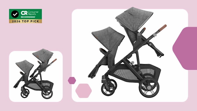 two views of UPPAbaby Vista v3 with Rumbleseat V3 with light green border and three graphic hexagons, CR Recommended 2026 Top Pick graphic in top left corner