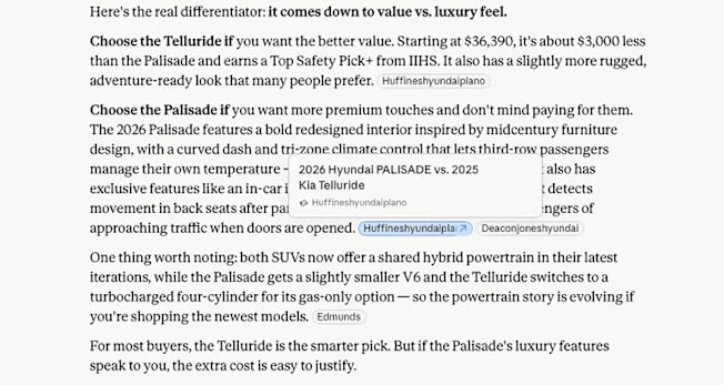 Car buying with AI, Claude Telluride vs Palisade