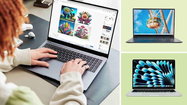Person on Samsung Galaxy Book4 Ultra laptop, LG gram Pro 16 Inch, Copilot+ PC, and Apple MacBook Air - 2026