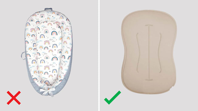On the left: noncompliant Sunlove Premium Cotton Baby Lounger Nest with a red X. On the right: a compliant Snuggleme Infant lounger with a green check.