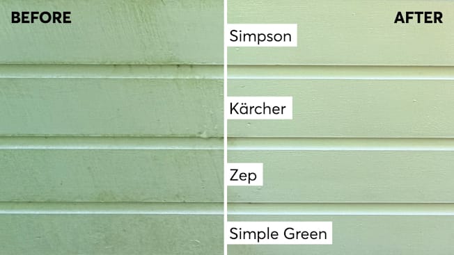 Siding before and after photos showing power washing with several different cleaning solutions.