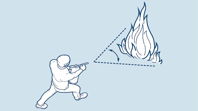 A man pointing a fire extinguisher at the base of a small fire