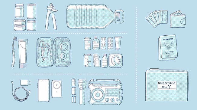 Four groups items that can be used as an emergency kit.