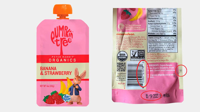 Recalled Pumpkin Tree Organics Banana & Strawberry fruit puree