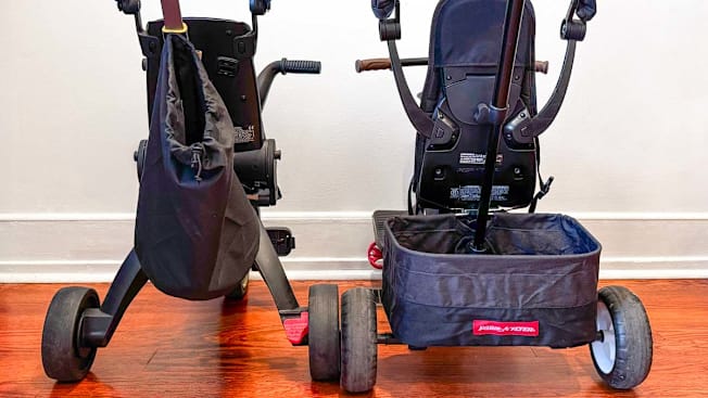 Closeup of sacks on the back of Doona and Radio Flyer toddler trikes