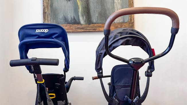 Closeup of handles on Doona and Radio Flyer toddler trikes