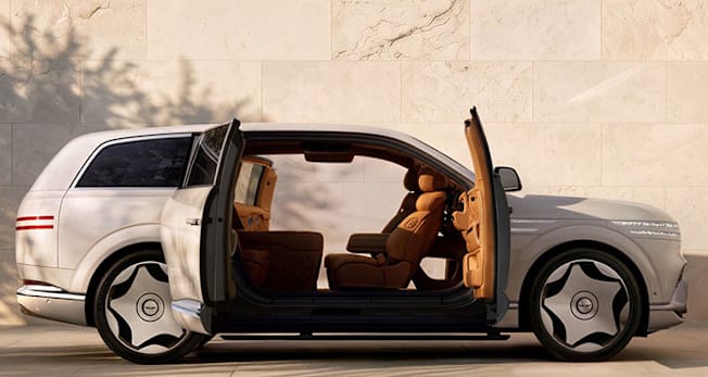 2027 Genesis GV90 Neolun electric SUV, side with doors open