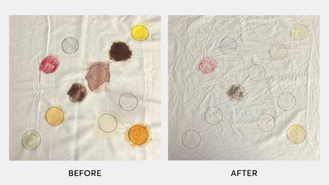 Various types of stains on fabric shown before and after being treated with Miss Mouth's laundry stain remover
