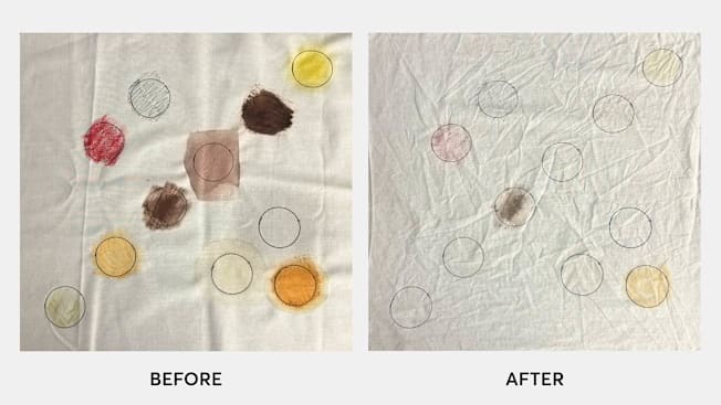 Various types of stains on fabric shown before and after being treated with OxiClean Max Force laundry stain remover