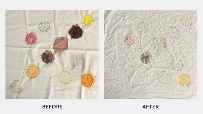 Various types of stains on fabric shown before and after being treated with OxiClean laundry stain remover
