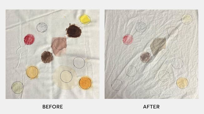 Various types of stains on fabric shown before and after being treated with Pink Stuff laundry stain remover