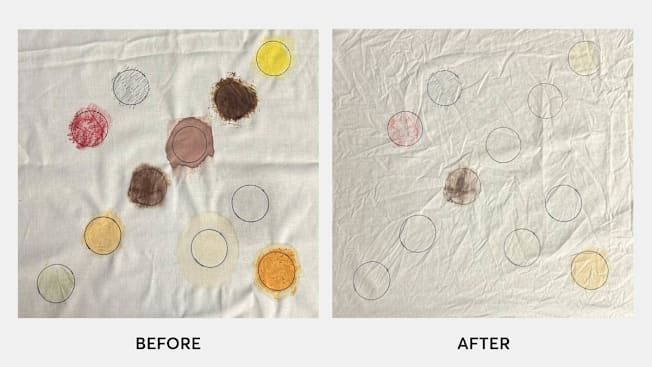 Various types of stains on fabric shown before and after being treated with Shout laundry stain remover
