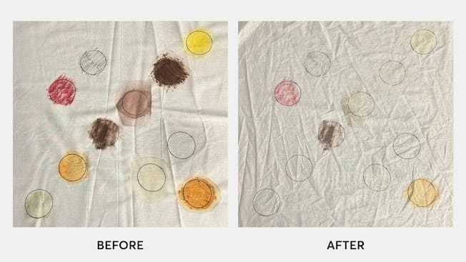 Various types of stains on fabric shown before and after being treated with Tide laundry stain remover
