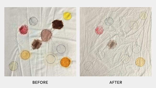 Various types of stains on fabric shown before and after being treated with The Laundress laundry stain remover