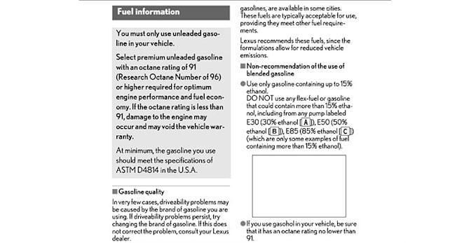 Lexus TX owner's manual page with gasoline information
