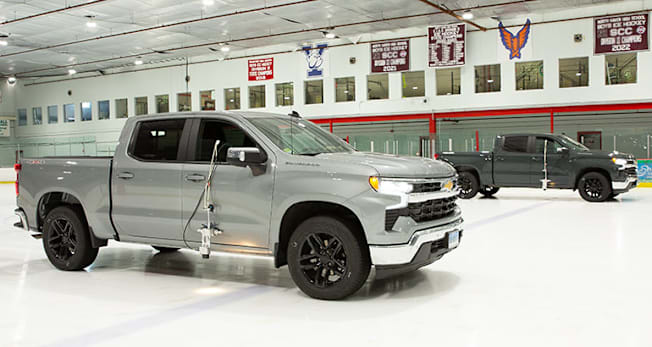 2026 truck tire testing at an ice rink, where stopping distances are measured