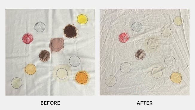 Various types of stains on fabric shown before and after being treated with a dish soap and vinegar mixture